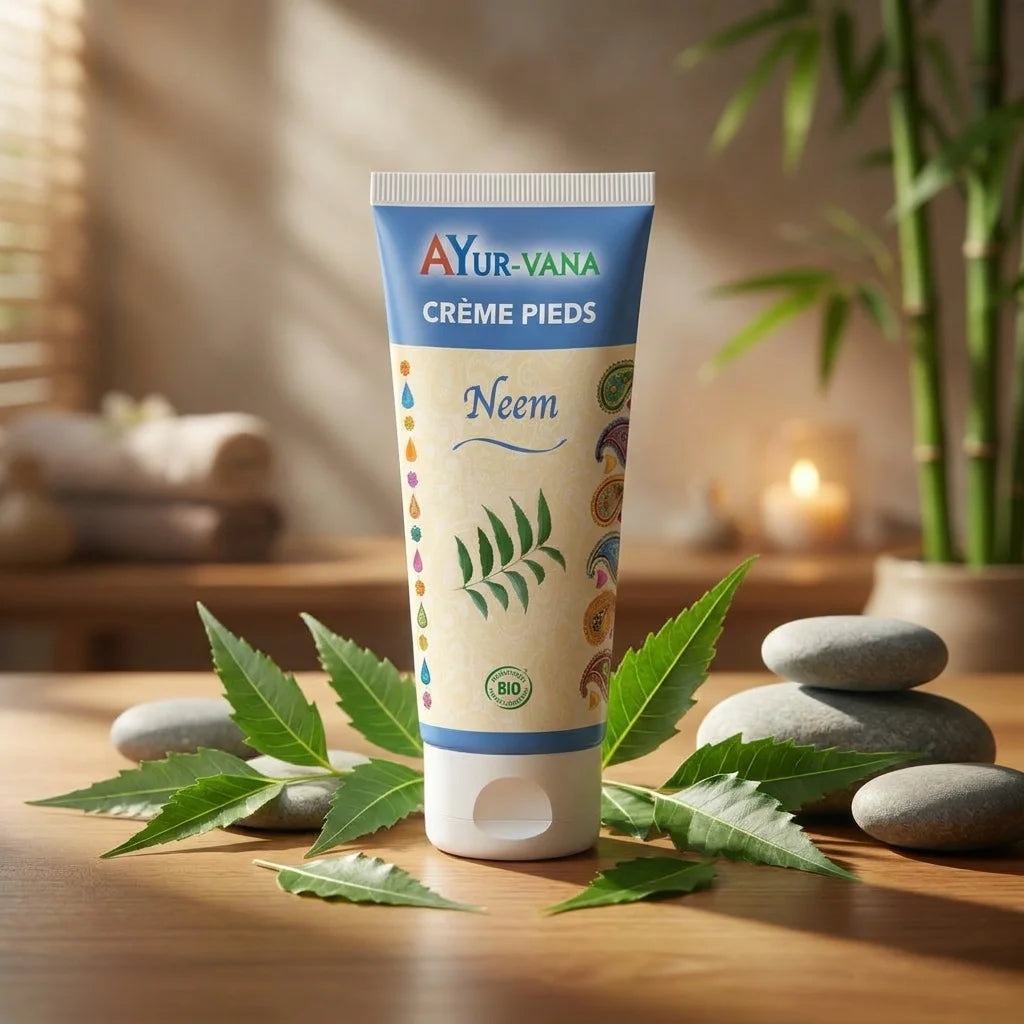 Crème pieds Neem bio Ayurvana avec feuilles de neem et pierres spa