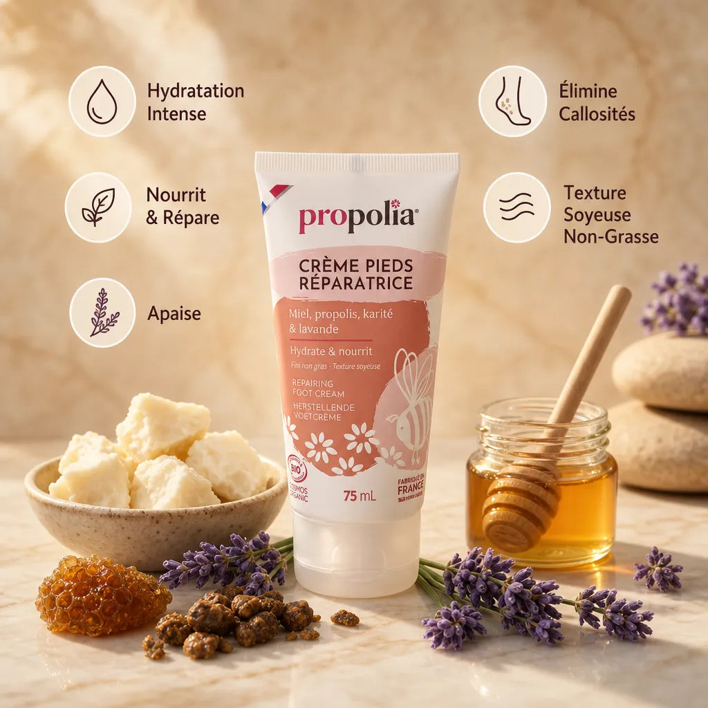 Crème pieds secs Bio Miel Karité Propolis Propolia avec ingrédients naturels