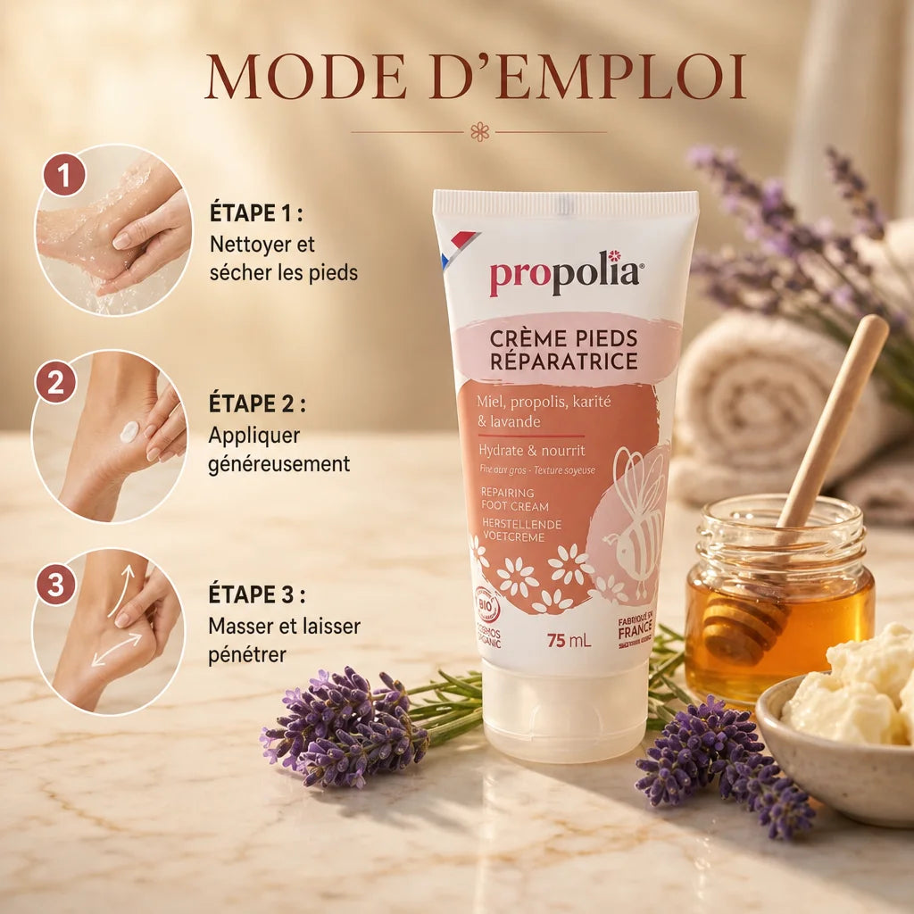 Crème pieds secs Bio Propolia avec mode d'emploi : nettoyer, appliquer, masser les pieds