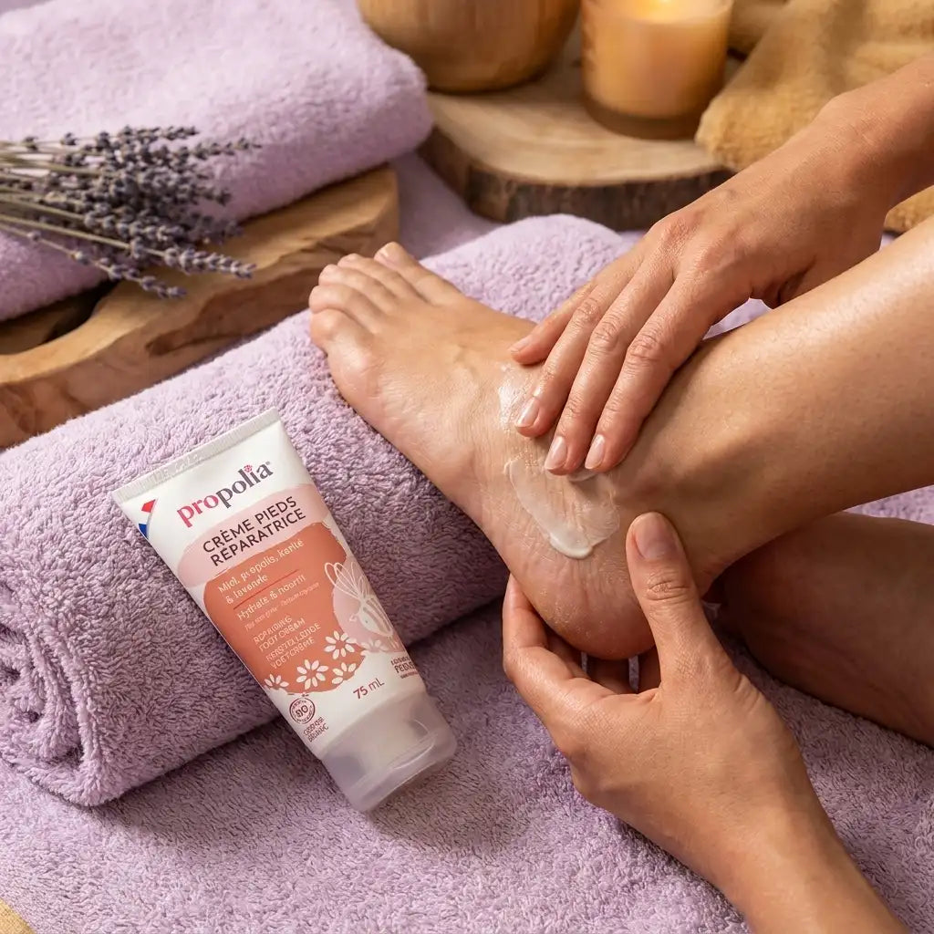Crème pieds secs Bio Miel Karité Propolis Propolia massage hydratant talons