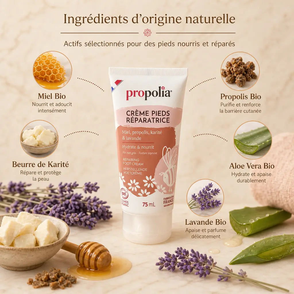 Crème pieds secs Bio Propolia avec miel, karité et propolis - tube blanc avec ingrédients naturels