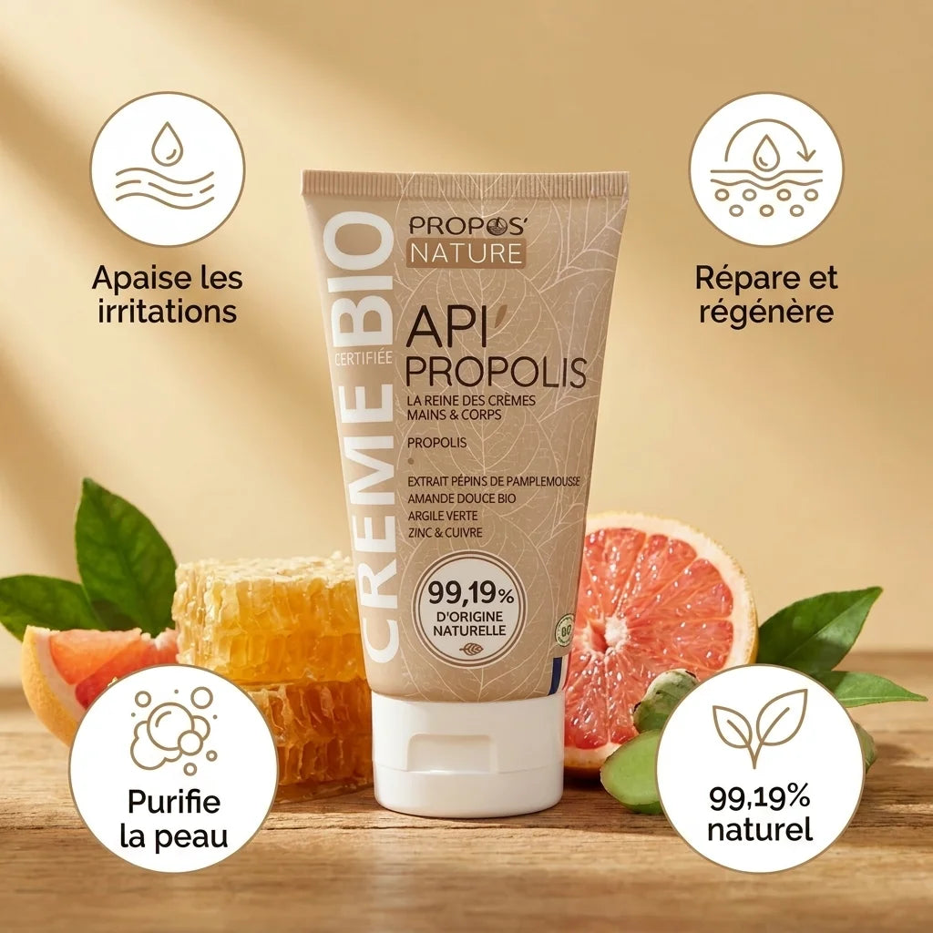 Crème Propolis bio Propos'Nature tube avec bénéfices : apaise, répare, purifie la peau naturelle