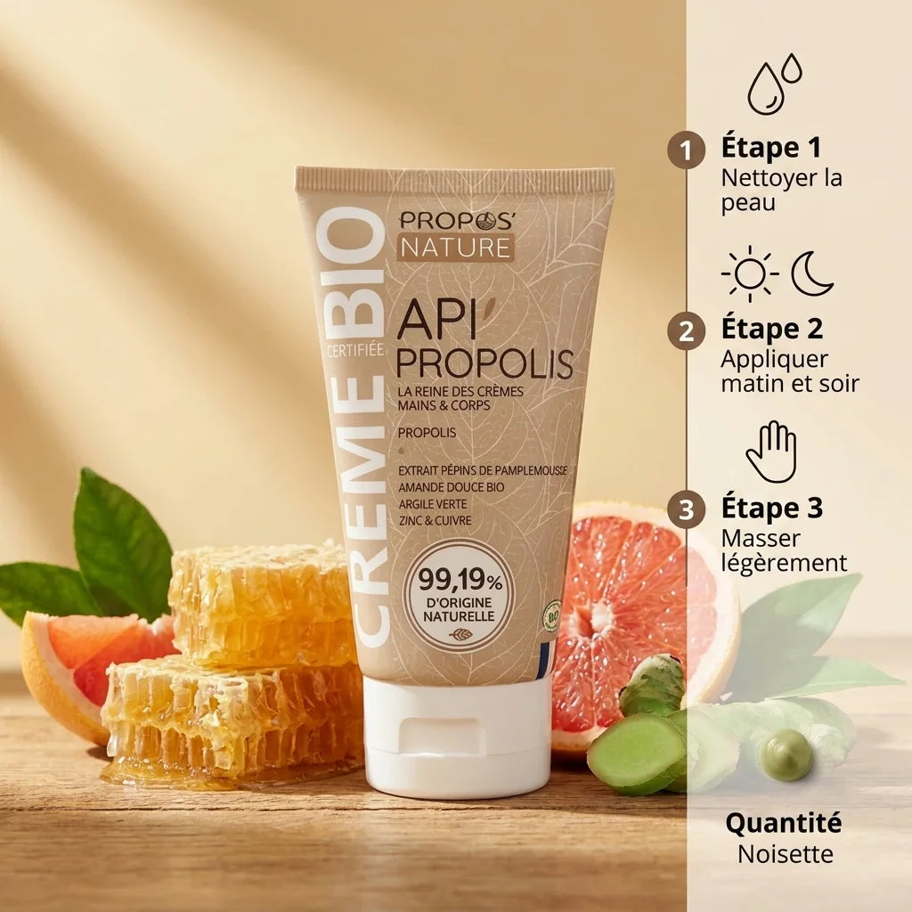Crème Propolis bio Propos'Nature en tube avec guide d'application et ingrédients naturels