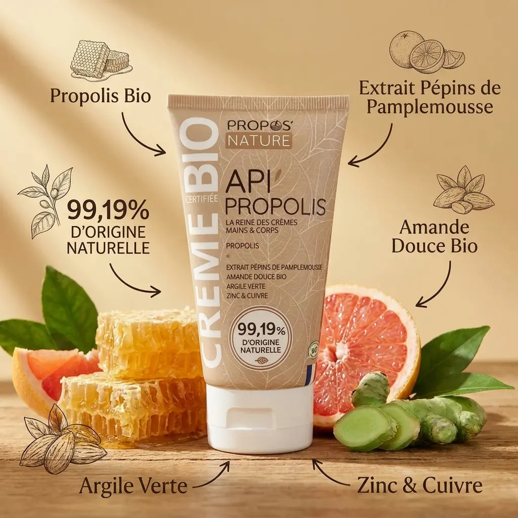 Crème Propolis bio Propos'Nature avec ingrédients naturels : propolis, pépins de pamplemousse, amande