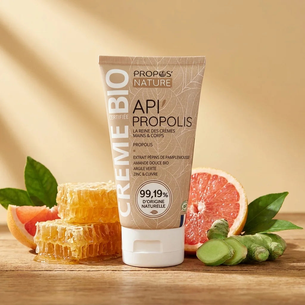 Crème Propolis bio Propos'Nature en tube avec miel, pamplemousse et gingembre sur bois