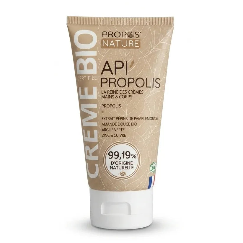 Tube de crème propolis bio Propos'Nature certifiée, fond blanc