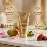 Crème Najel bio anti-âge en tube doré sur marbre avec bénéfices et ingrédients naturels