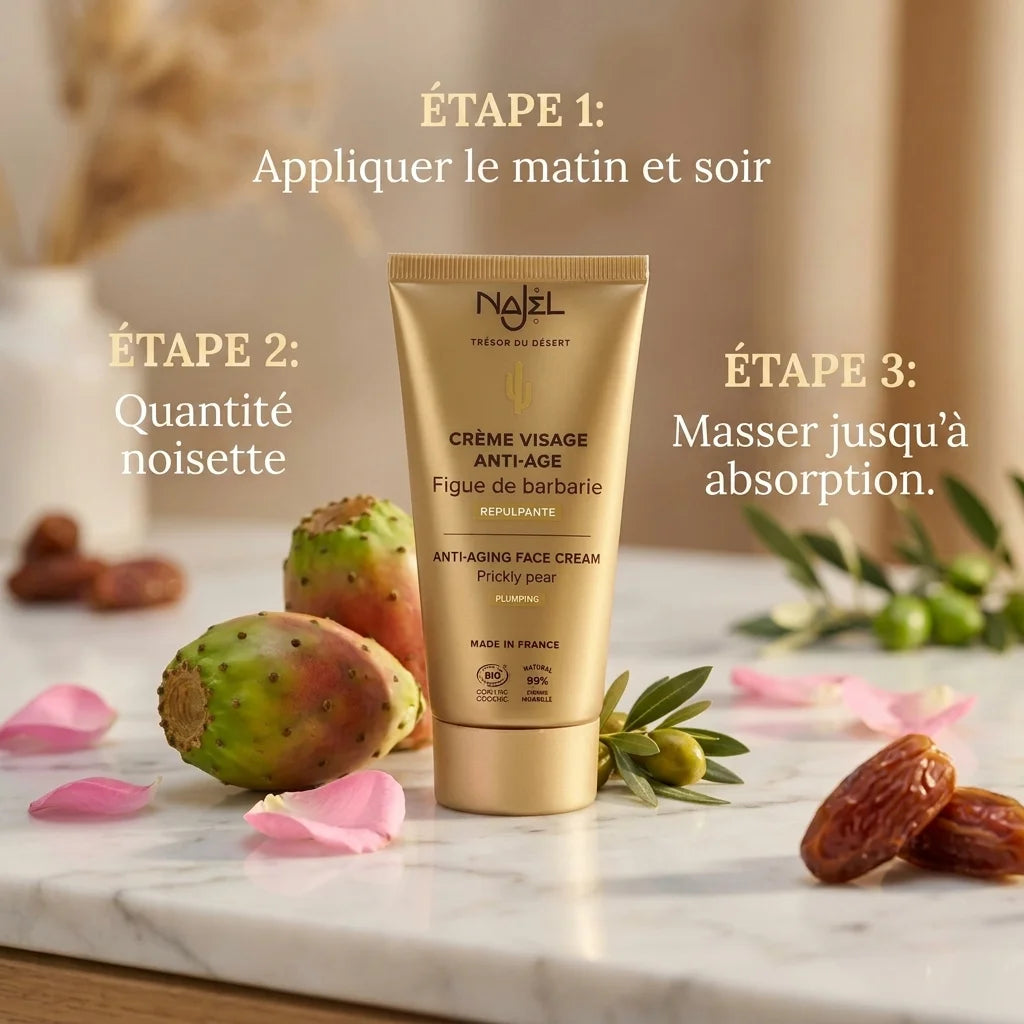 Crème raffermissante bio Najel avec mode d'emploi, fruits de figuier de Barbarie et pétales de rose