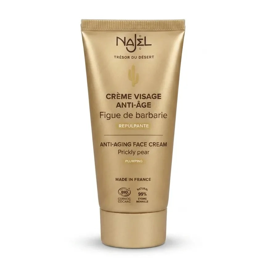 Crème raffermissante anti-âge bio Najel tube or fond blanc