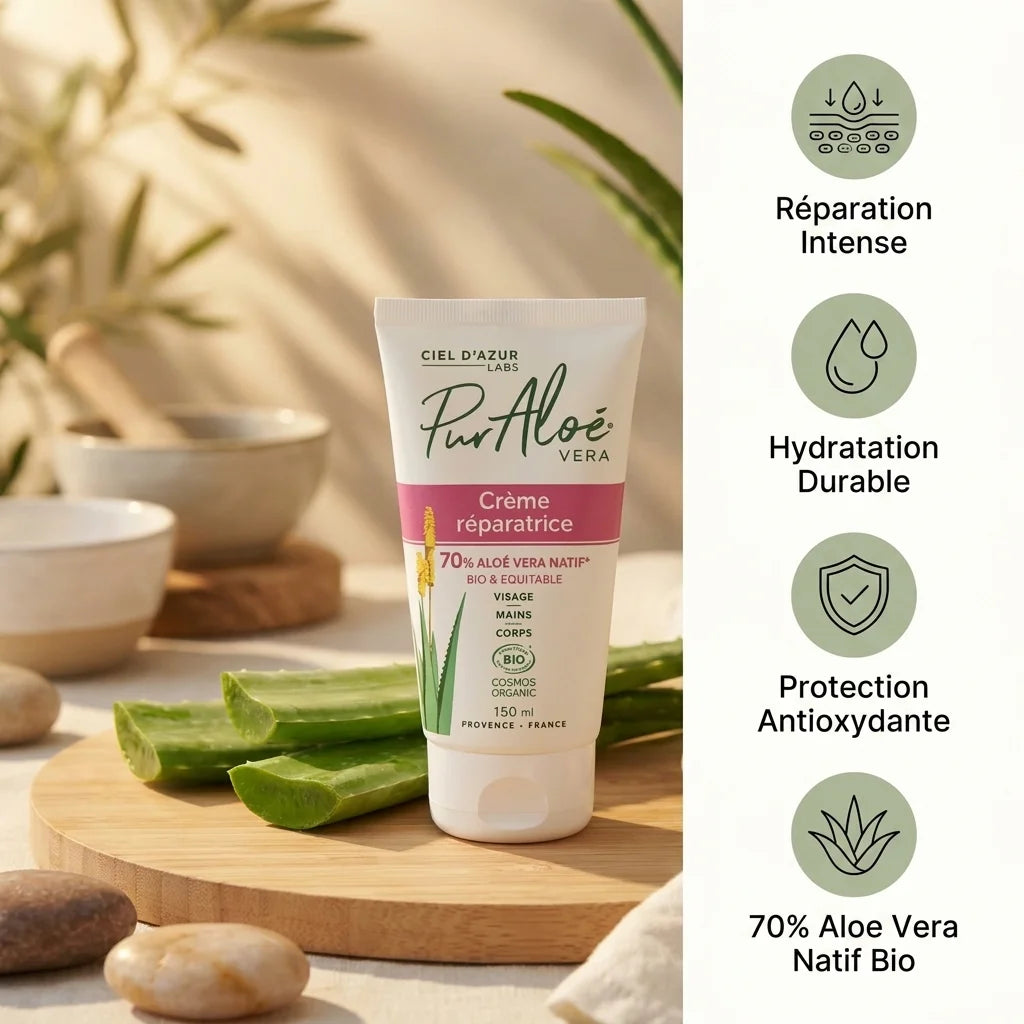 Crème Aloe Vera bio 150ml Pur'Aloé avec bénéfices et certification Cosmos Organic