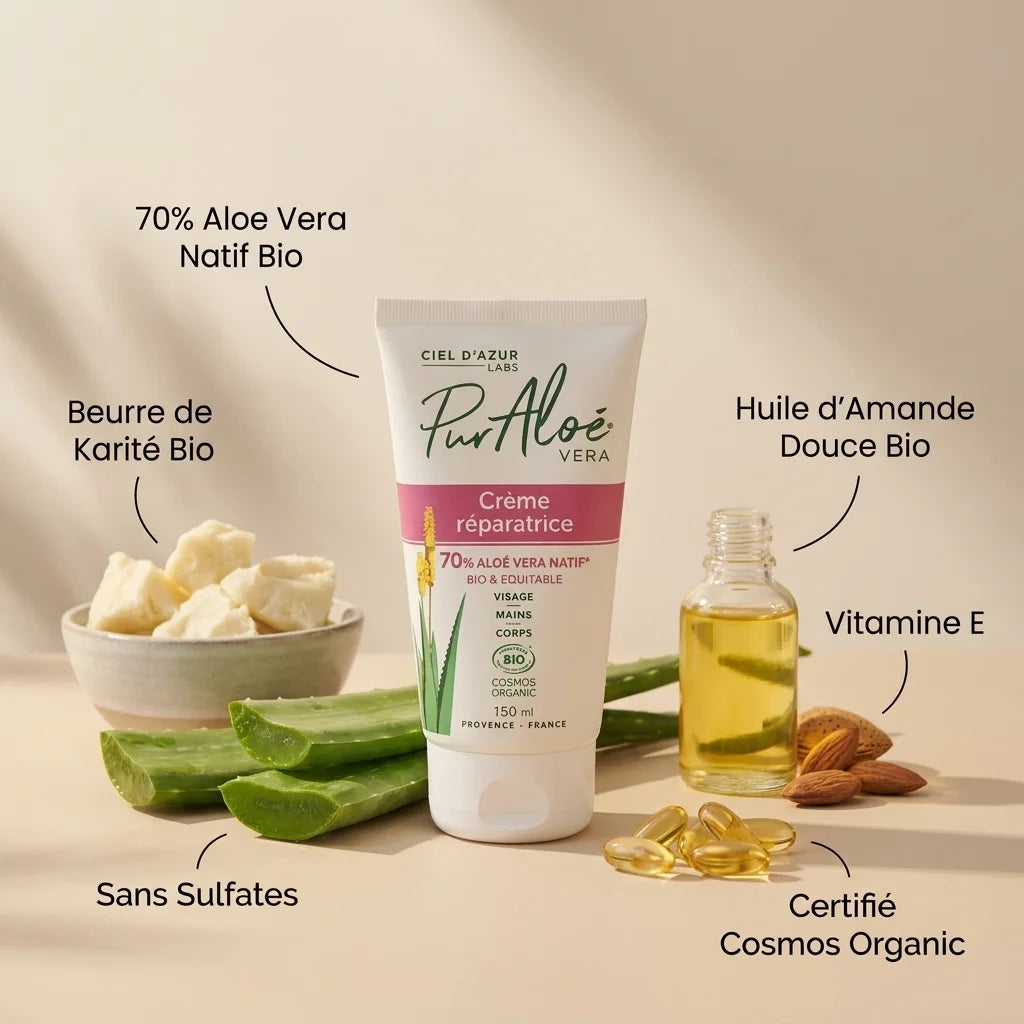 Crème réparatrice Aloe Vera bio Pur'Aloé 150ml avec ingrédients naturels certifiés
