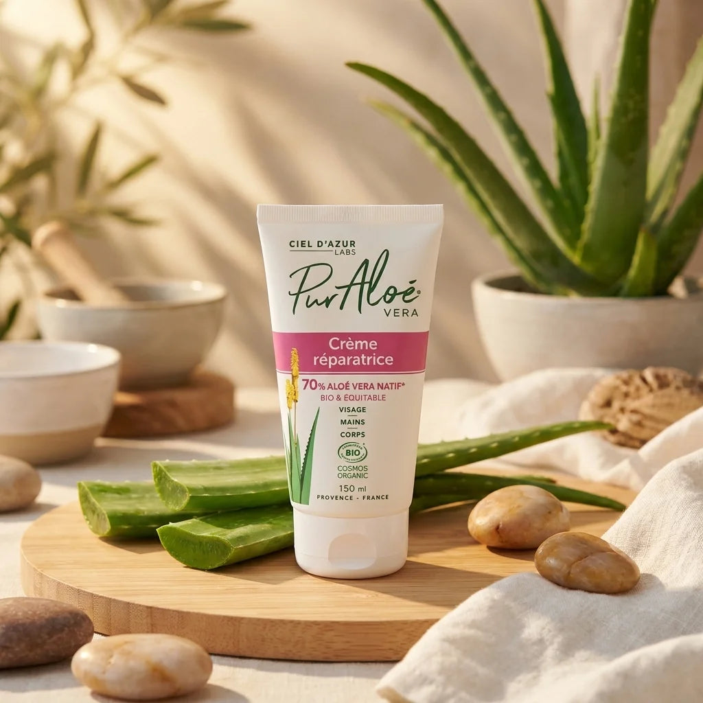 Crème réparatrice Aloe Vera bio Pur'Aloé 150ml avec feuilles fraîches et ambiance spa