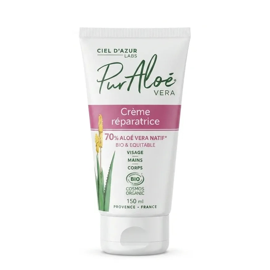 Tube de crème réparatrice Aloe Vera bio Pur'Aloé 150ml sur fond blanc