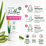Crème réparatrice Aloe Vera bio Pur'Aloé 75ml avec guide d'utilisation en 3 étapes et feuilles d'aloe