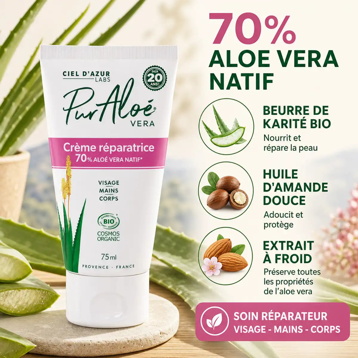 Crème Aloe Vera bio Pur'Aloé 75ml avec ingrédients naturels et feuilles d'aloe vera frais