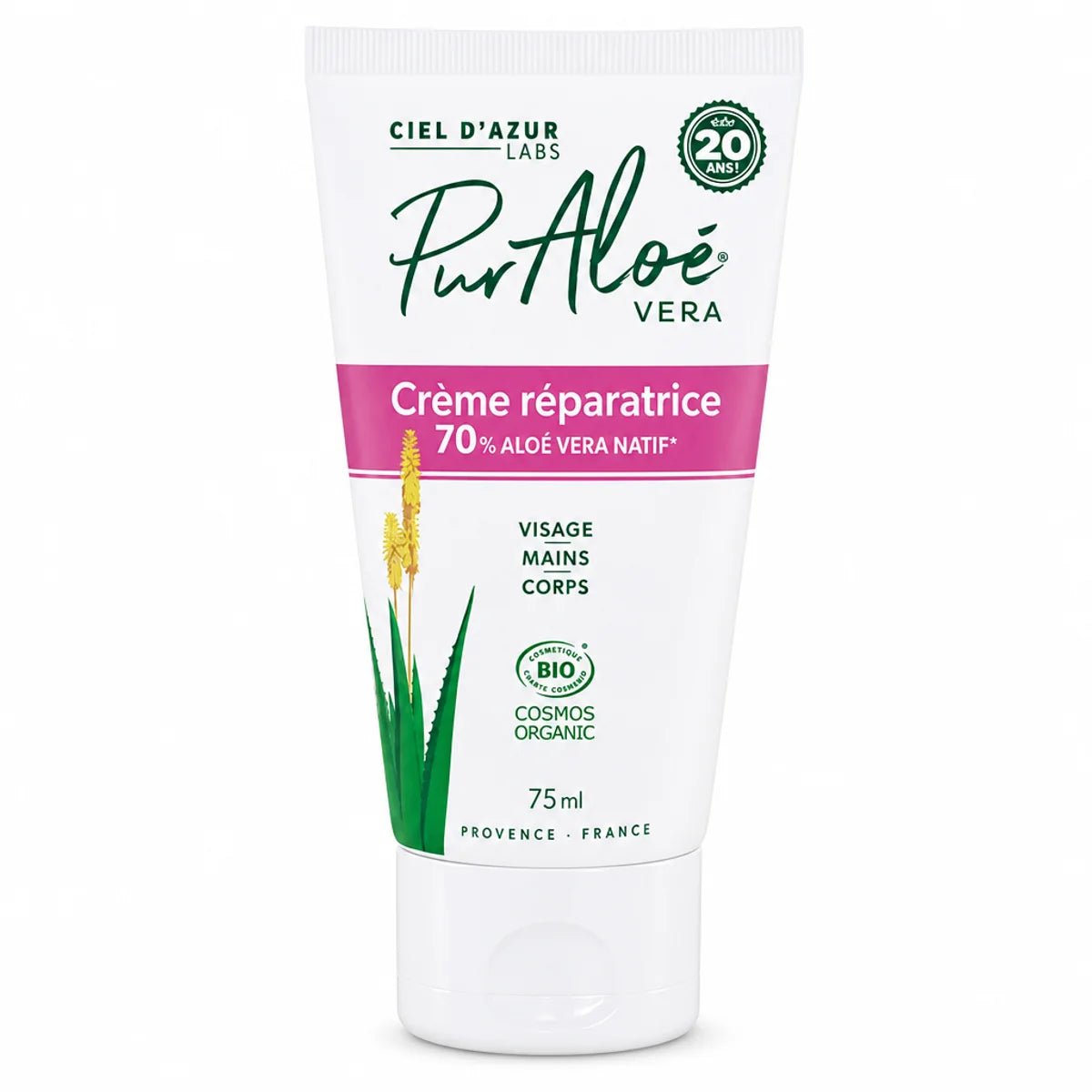 Tube de crème réparatrice Aloe Vera bio Pur'Aloé 75ml sur fond blanc