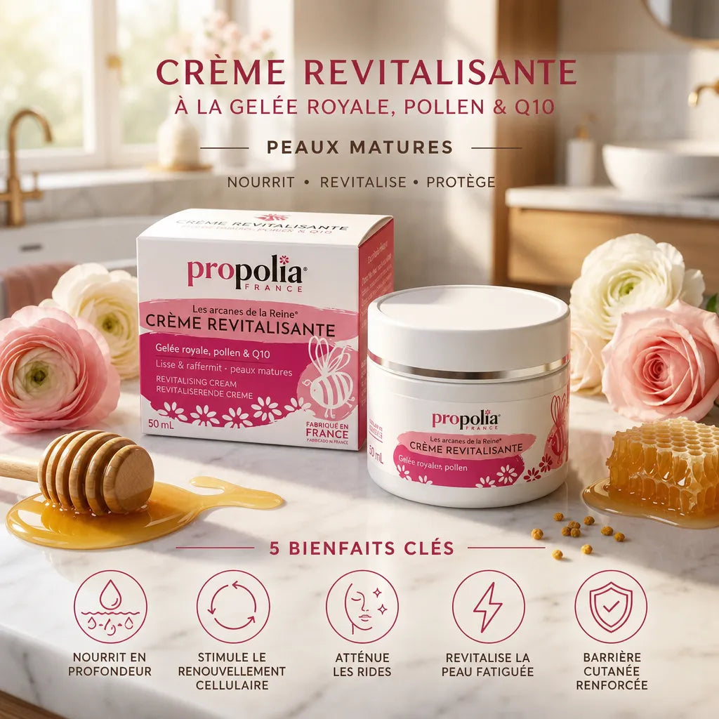 Crème Gelée Royale Pollen Q10 Propolia en pot sur surface marbre avec 5 bénéfices