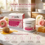 Crème Gelée Royale Pollen Q10 Propolia en pot sur surface marbre avec 5 bénéfices