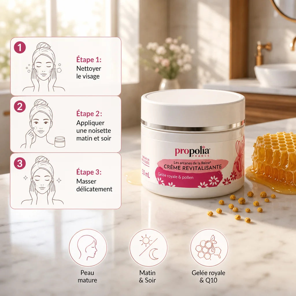 Crème revitalisante Gelée Royale Q10 Propolia en pot avec guide d'utilisation et instructions d'application