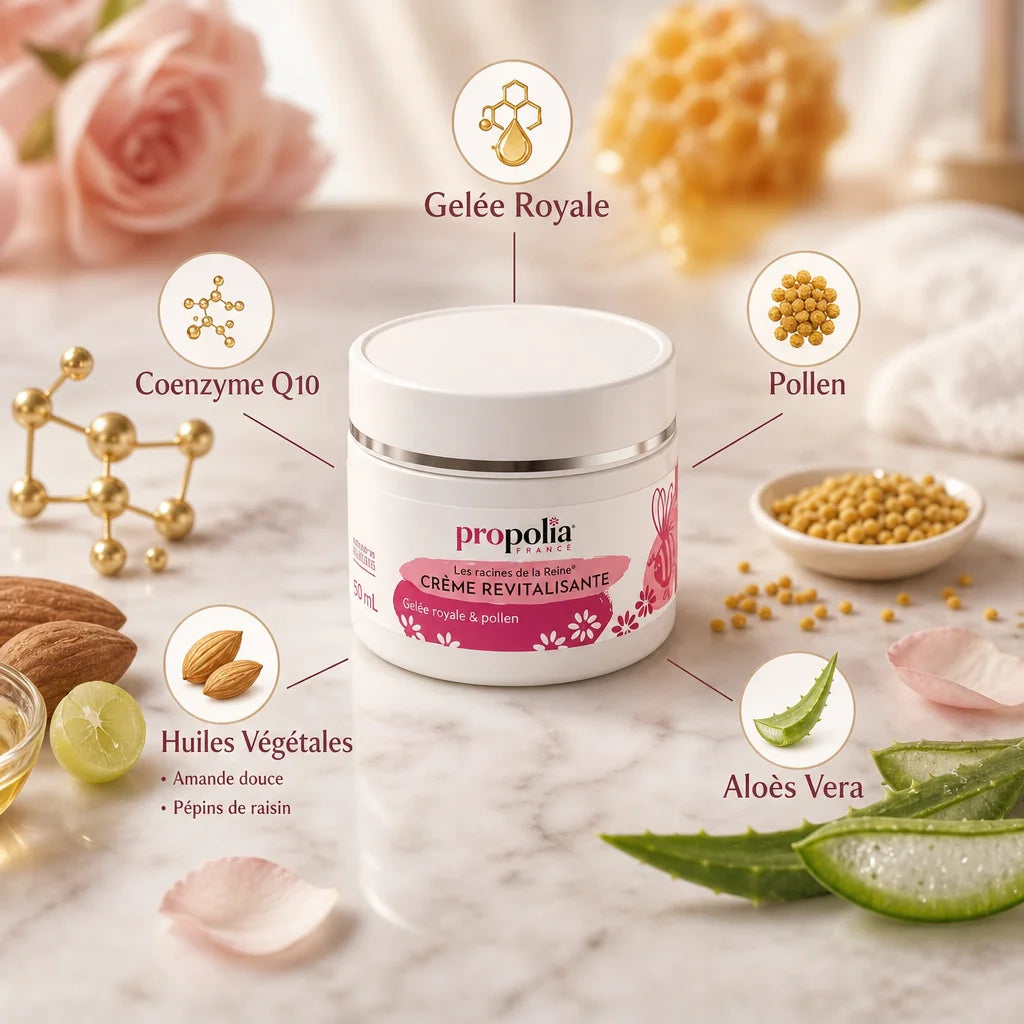 Crème Gelée Royale Pollen Q10 Propolia en pot avec ingrédients actifs