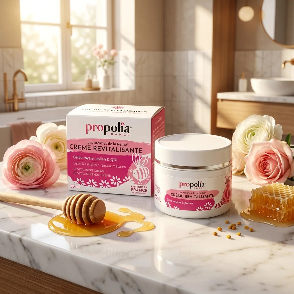 Crème revitalisante Gelée Royale Pollen Q10 Propolia en pot sur marbre avec fleurs