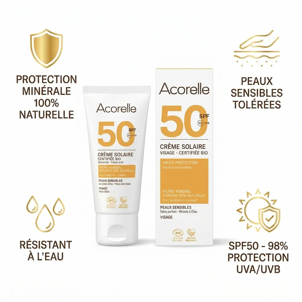Crème solaire visage SPF50 bio Acorelle avec bénéfices protection minérale et peaux sensibles