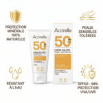 Crème solaire visage SPF50 bio Acorelle avec bénéfices protection minérale et peaux sensibles
