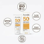 Crème solaire visage SPF50 bio Acorelle avec certifications et filtres minéraux