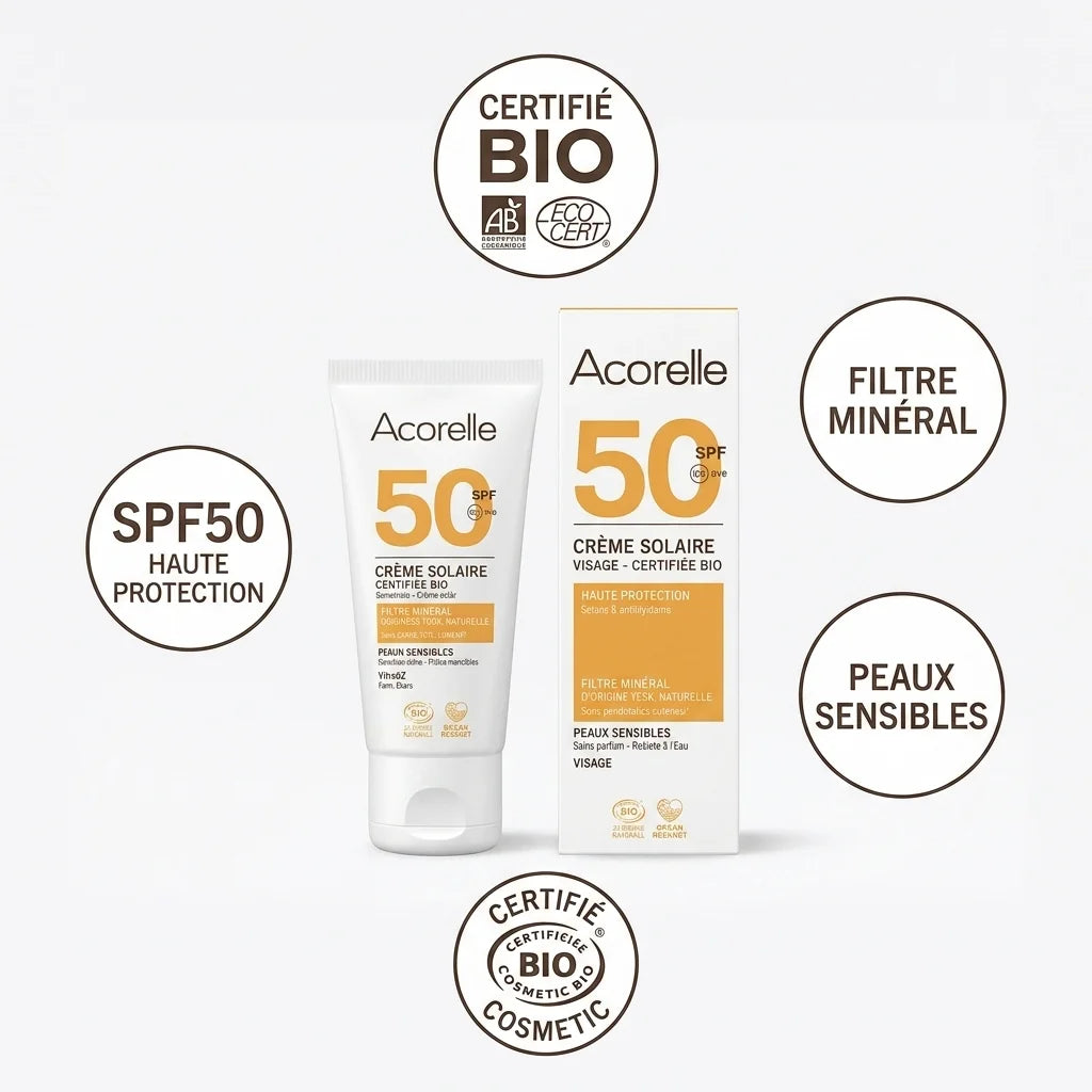 Crème solaire visage SPF50 bio Acorelle avec certifications et filtres minéraux