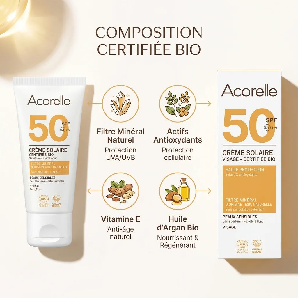Crème solaire SPF50 bio Acorelle avec composition : filtre minéral, antioxydants, vitamine E et huile d'argan