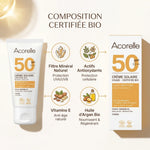 Crème solaire SPF50 bio Acorelle avec composition : filtre minéral, antioxydants, vitamine E et huile d'argan