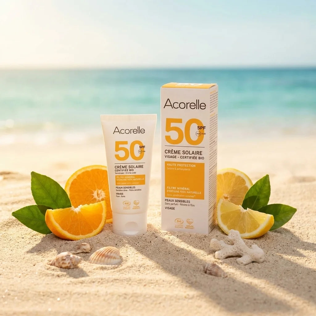 Crème solaire Acorelle SPF50 bio sur plage avec agrumes et feuilles vertes