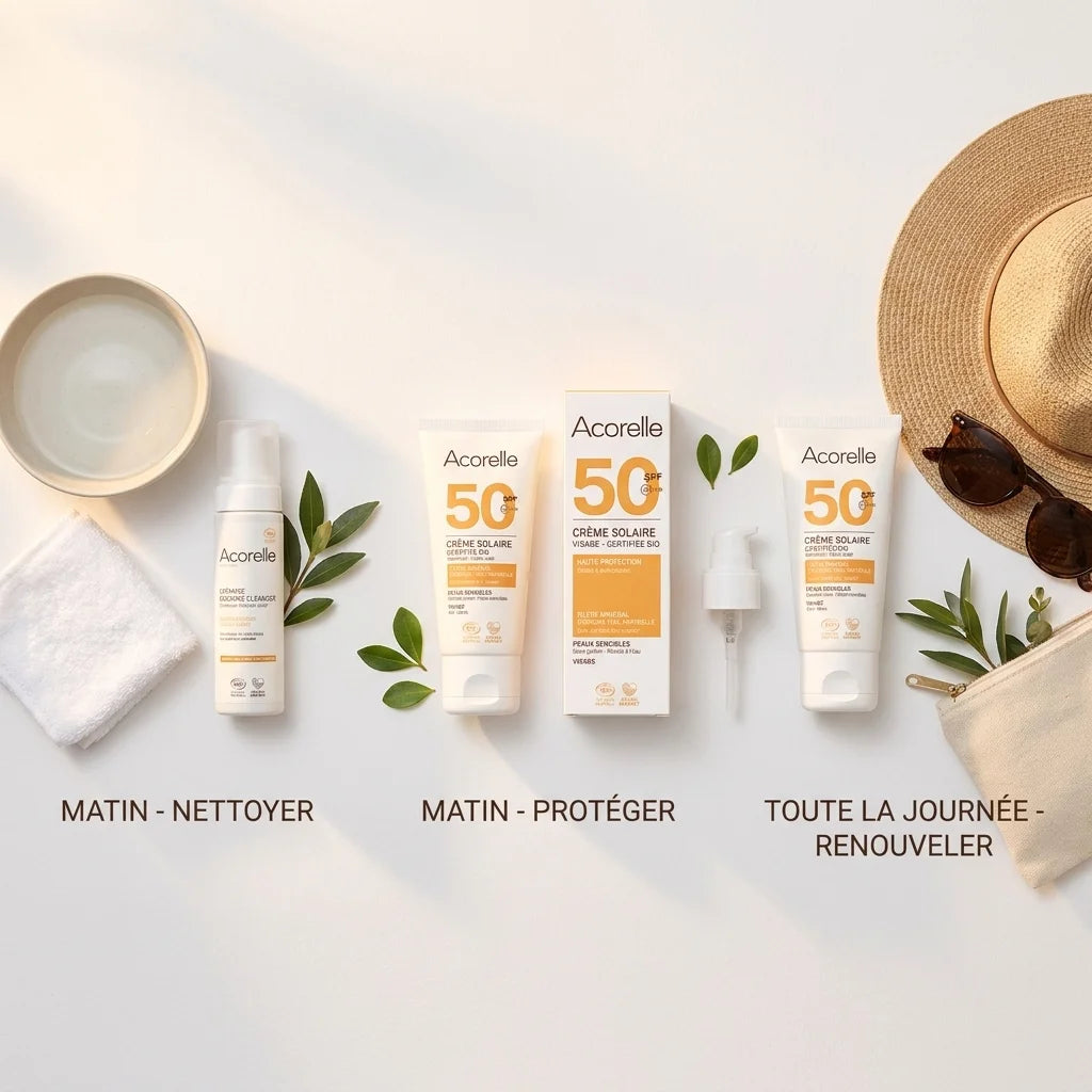 Routine soin visage avec crème solaire SPF50 bio Acorelle - Nettoyer, protéger, renouveler