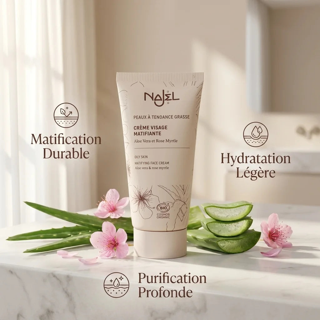Crème visage matifiante Najel bio avec aloe vera, bénéfices matification et hydratation