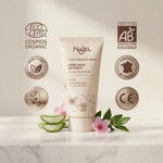 Crème visage matifiante Najel bio certifiée Ecocert sur fond blanc avec badges vegan