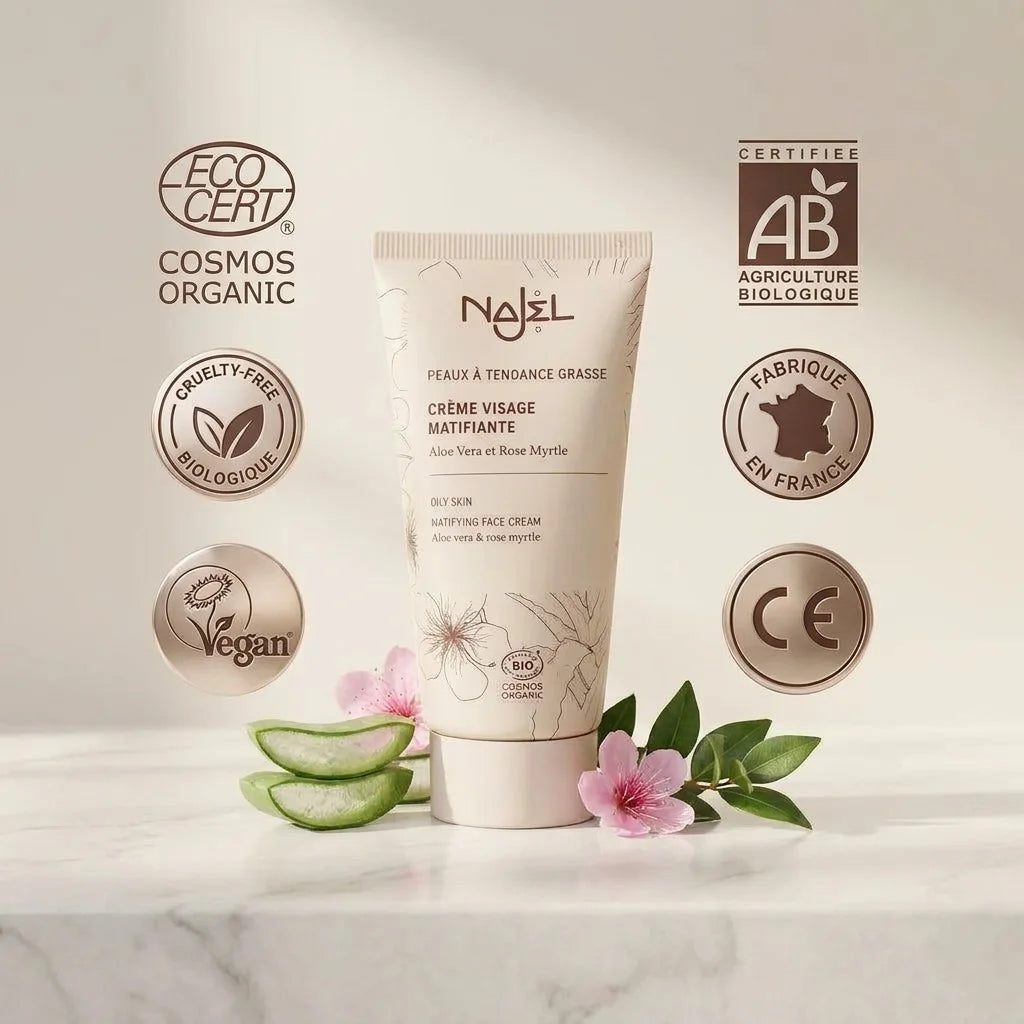 Crème visage matifiante Najel bio certifiée Ecocert sur fond blanc avec badges vegan