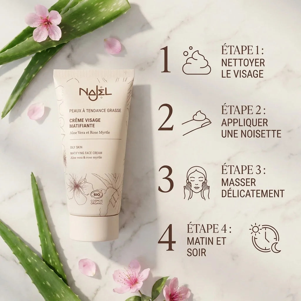 Crème visage matifiante bio Najel avec guide d'application étapes et ingrédients naturels sur marbre