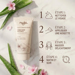 Crème visage matifiante bio Najel avec guide d'application étapes et ingrédients naturels sur marbre
