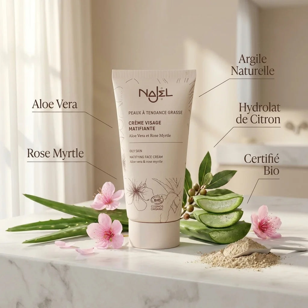 Crème visage matifiante Najel bio avec ingrédients naturels aloe vera et argile sur marbre