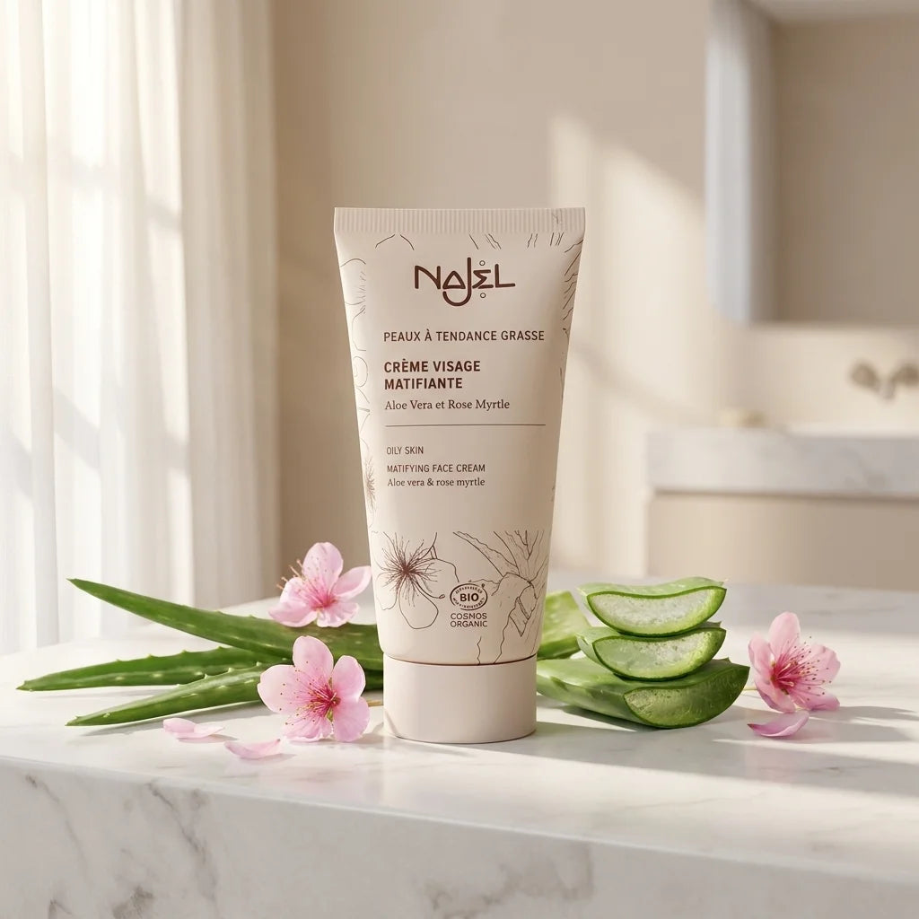 Crème visage matifiante bio Najel avec aloe vera et fleurs de myrte sur marbre