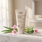 Crème visage matifiante bio Najel avec aloe vera et fleurs de myrte sur marbre