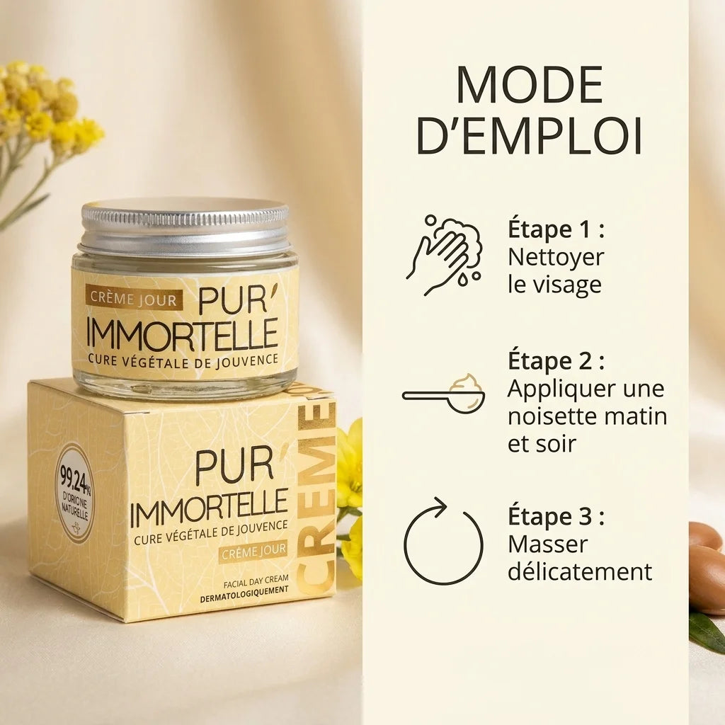 Crème visage Pur'Immortelle bio Propos'Nature avec mode d'emploi et étapes d'application