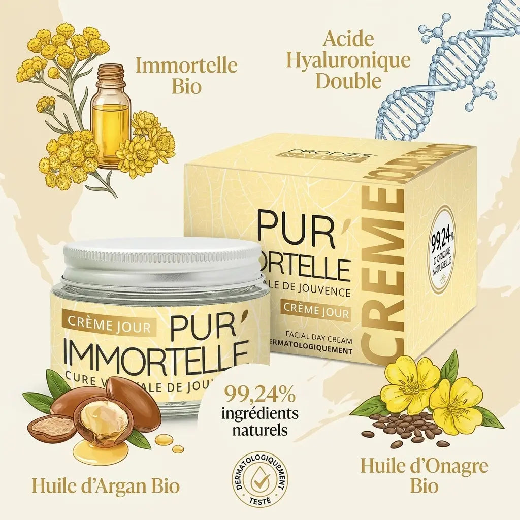 Crème Pur'Immortelle Jour bio avec ingrédients naturels: immortelle, acide hyaluronique, argan, onagre