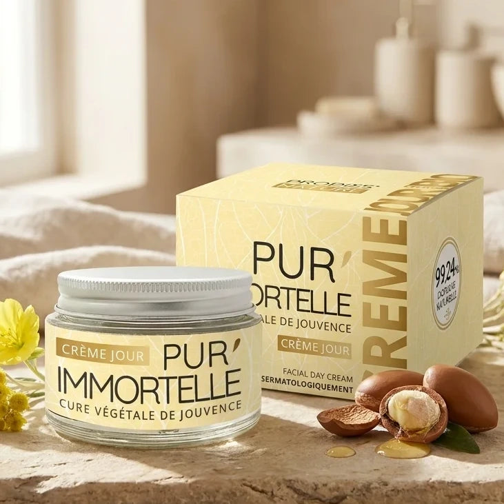 Crème visage Pur'Immortelle bio jour avec fleurs jaunes et noix d'argan en routine beauté naturelle