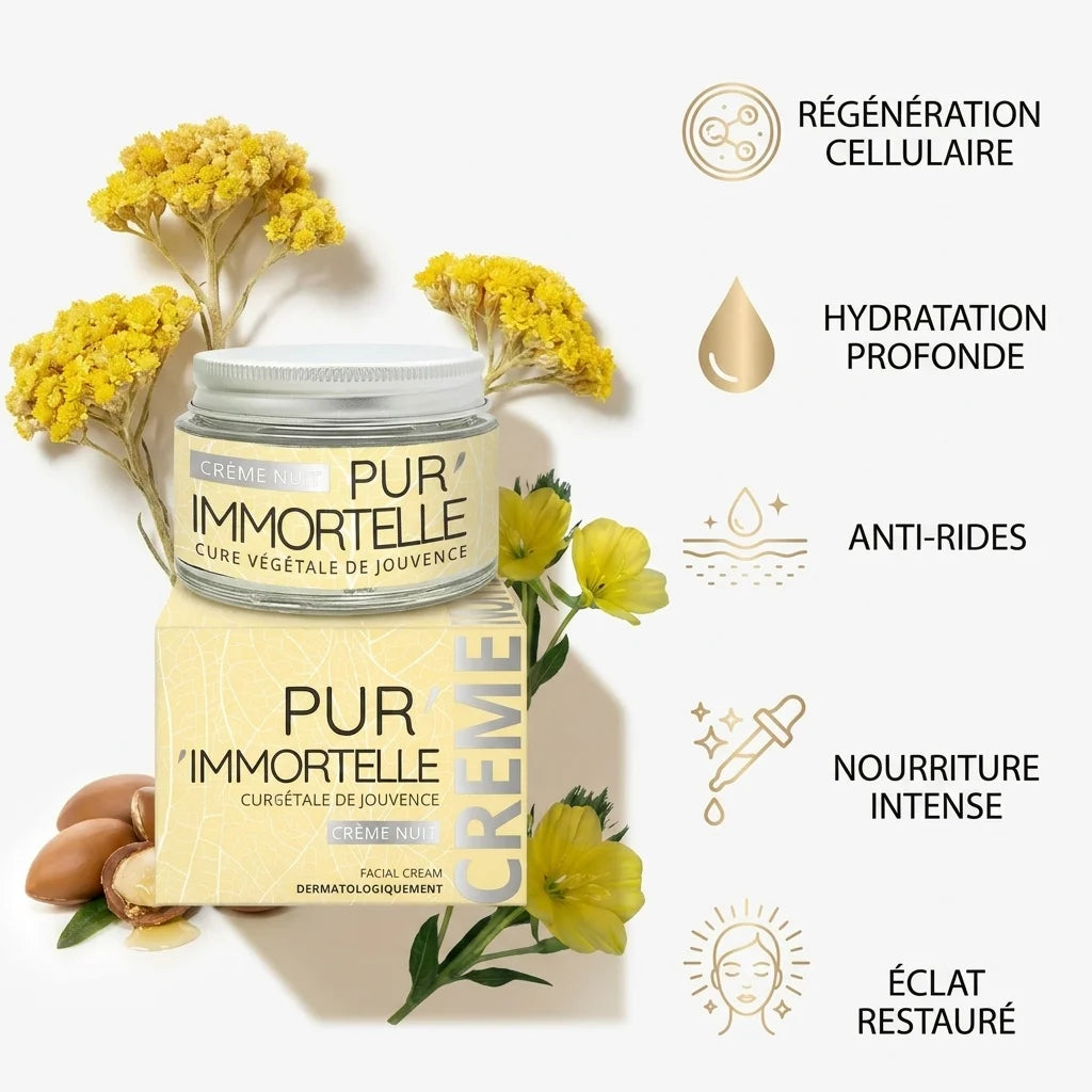 Crème Pur'Immortelle Nuit bio avec bénéfices : régénération, hydratation, anti-rides et éclat