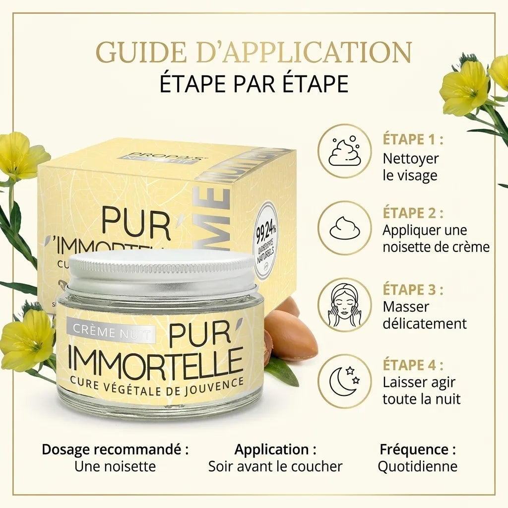 Crème visage Pur'Immortelle bio certifiée nuit avec guide d'application et ingrédients naturels