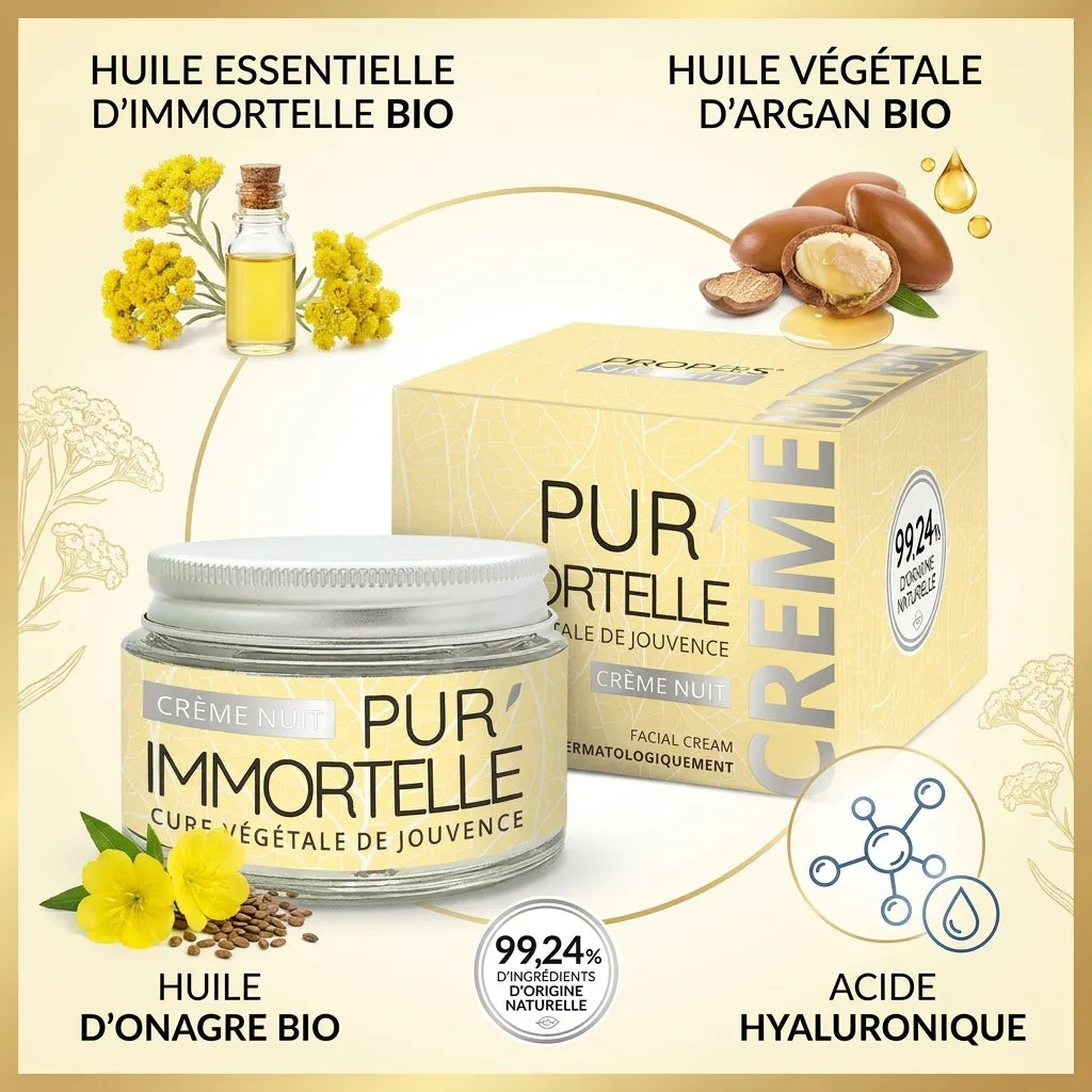 Crème visage Pur'Immortelle bio nuit avec ingrédients naturels et packaging certifié