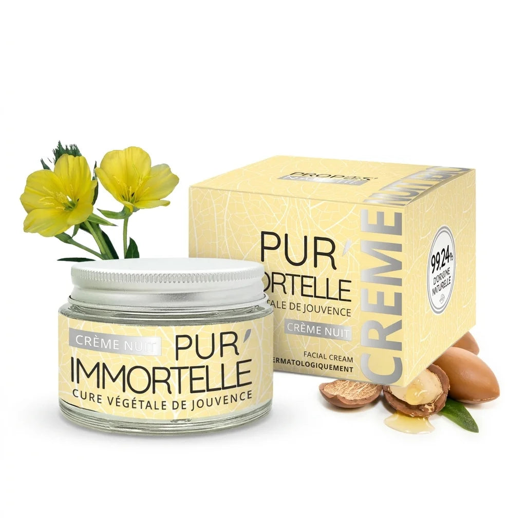 Crème visage Pur'Immortelle nuit bio certifiée avec son emballage sur fond blanc