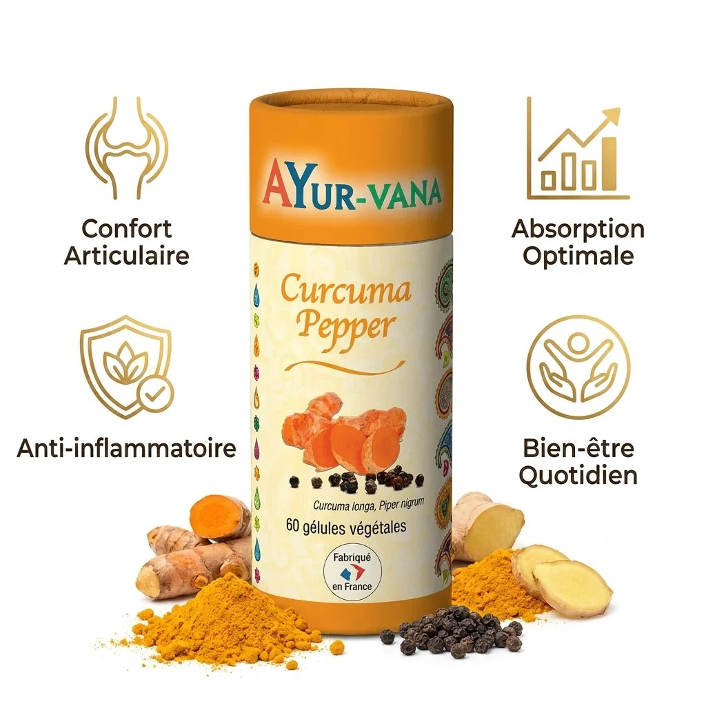 Curcuma Pepper Ayurvana en gélules avec bénéfices : confort articulaire, absorption, anti-inflammatoire
