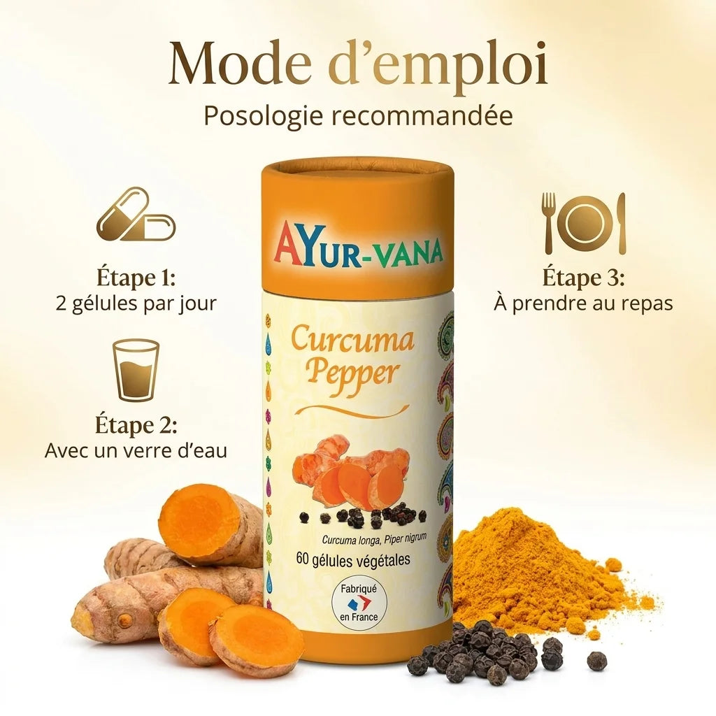 Curcuma Pepper Ayurvana gélules vegan avec guide posologie et curcuma frais